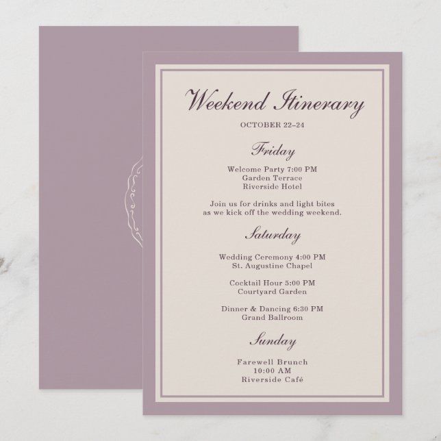 Lila Plommon Bröllopshelgs Itinerary Card Inbjudningar (Fram/baksida)