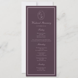 Lila Plommon Monogram Bröllomshelg Itinerary Inbjudningar