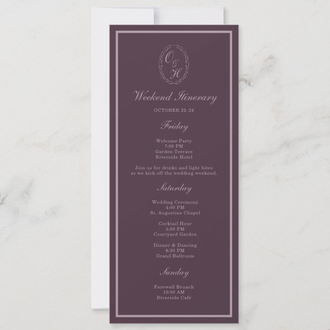 Lila Plommon Monogram Bröllomshelg Itinerary Inbjudningar (Framsida)