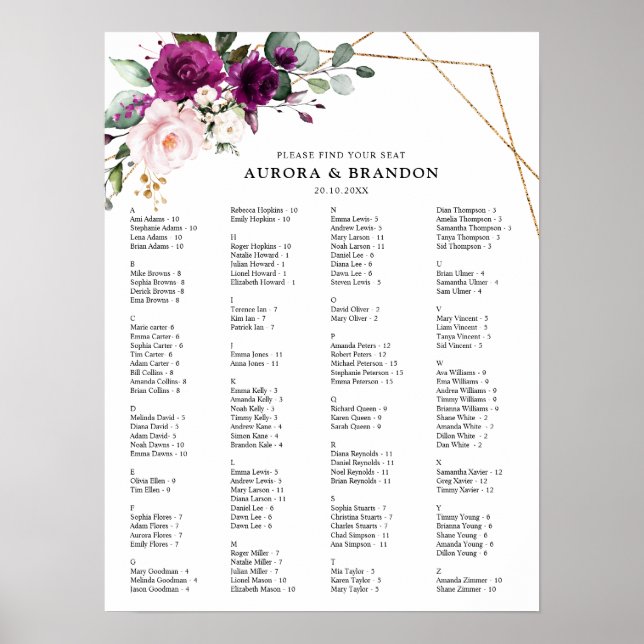 Lila Plommon Rodnad Rosa Rosor Bröllop Placeringsp Poster (Framsidan)