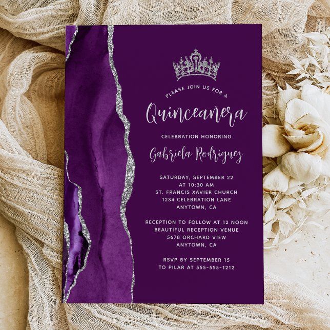 Lila Plommon Silver Agat Quinceañera Inbjudningar (Skapare uppladdad)
