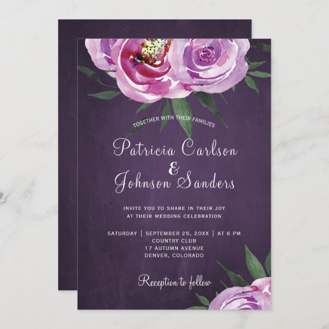 Lila plommonfärgpeonier Rustika fall bröllop Inbjudningar (Fram/baksida)
