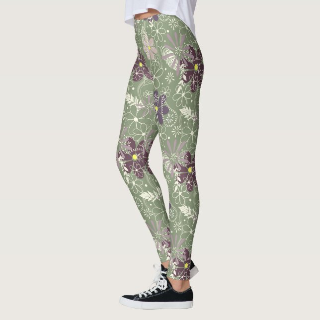 lila plommonlilaxfjädrar blommor mönster leggings (Vänster)