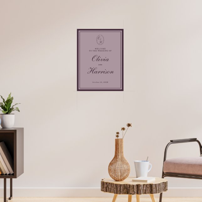 Lila Plommonmonogram Välkomstskylt för Bröllop Poster (Vardagsrum 3)