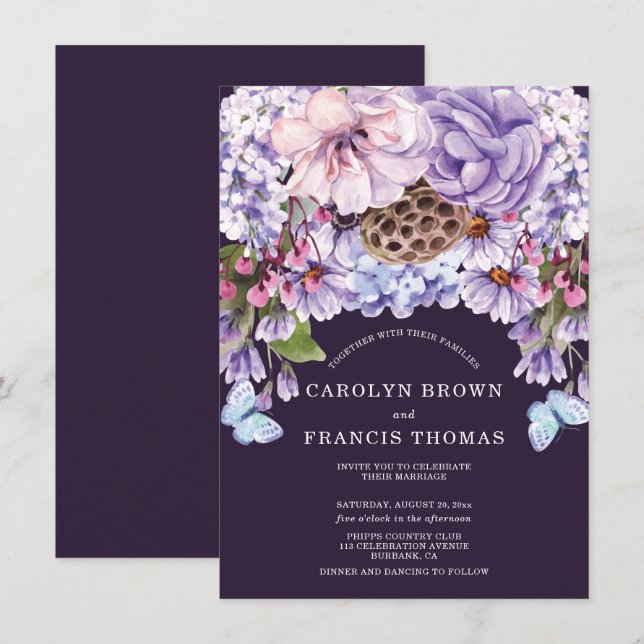 Lila Plum Blommigt Watercolor Bröllop Inbjudningar (Fram/baksida)