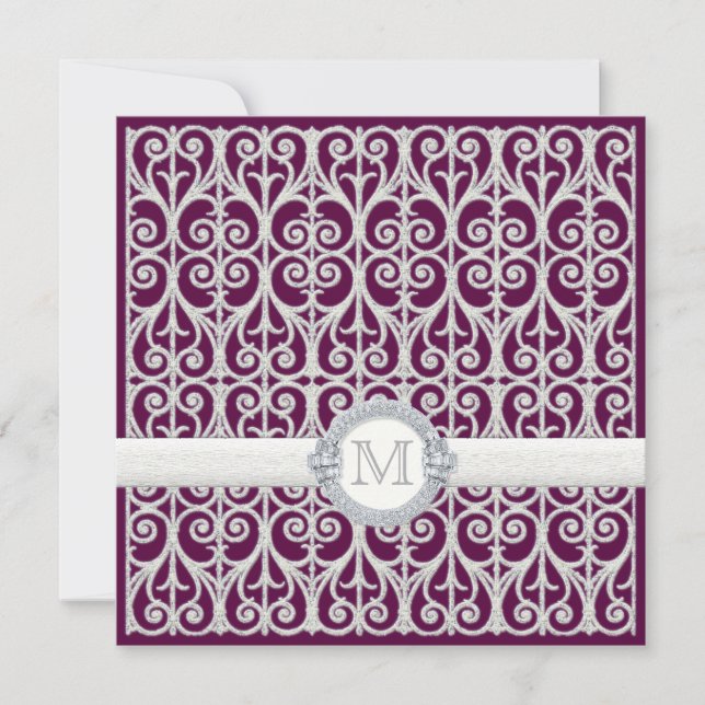 Lila Plum Diamonds & Snöre, Monogrammed Bröllop Inbjudningar (Framsida)