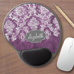 Lila Plum Grunge Damask Pattern med Namn Gel Musmatta<br><div class="desc">En vintage mönster med en rityta och snöre. Titta noga på blommorna och löven.Ett trendig med jewelton färg och elegans. Objekt är enklare att anpassa när du ersätter all text och alla foton först. Om teckningen fortfarande behöver justeras klickar du på knappen Anpassa den här. Detta kommer att föra dig...</div>