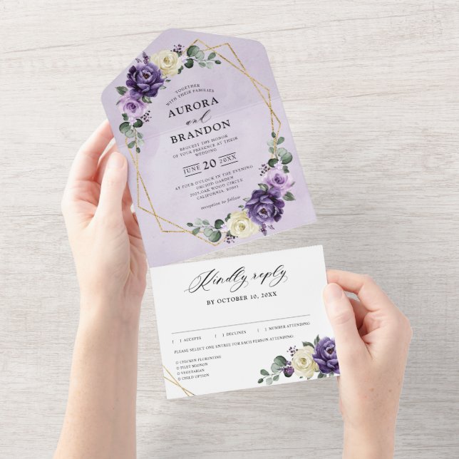 Lila Plum Ivory Guld Blommigt Geometric Bröllop Al (Avrivbar del)