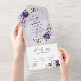 Lila Plum Ivory Guld Blommigt Geometric Bröllop Al