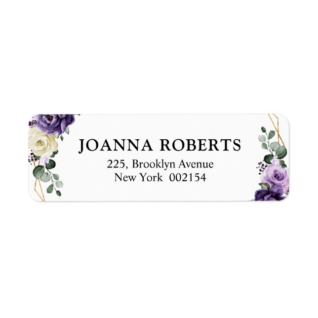 Lila Plum Ivory Guld Blommigt Geometric Bröllop Returadress Etikett (Framsidan)