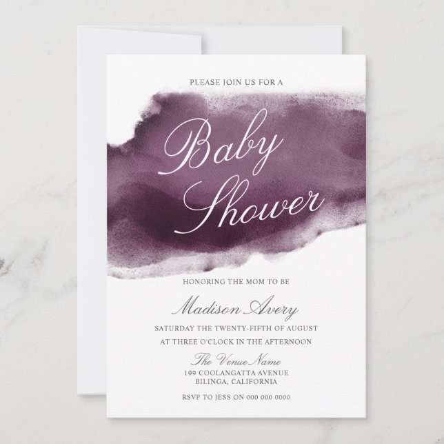 Lila Plum Modern Watercolor Baby Shower Inbjudningar (Framsida)