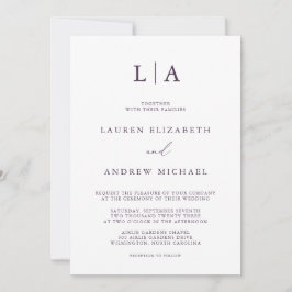 Lila Plum Monogram Simple Minimalist Bröllop Inv Inbjudningar