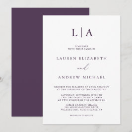 Lila Plum Monogram Simple Minimalist Bröllop Inv Inbjudningar