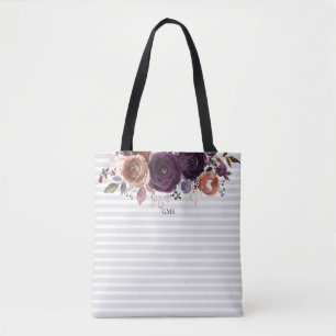 Lila Plum och Burgundy Blommigt Monogram Tygkasse