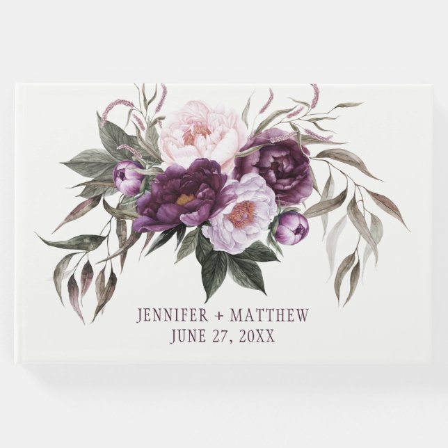 Lila Plum Rosa Peonies Greenery Bröllop Gästböcker (Framsida)