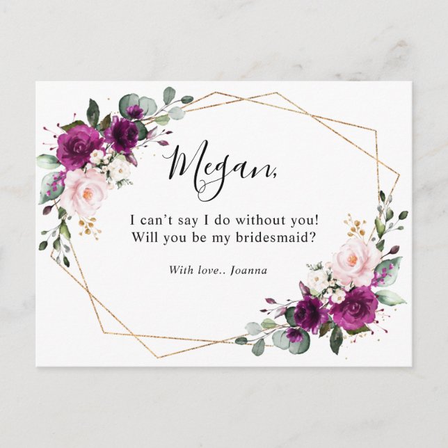 Lila Plum  Rosa ros Geometric Bridesmaid Vykort (Framsida)