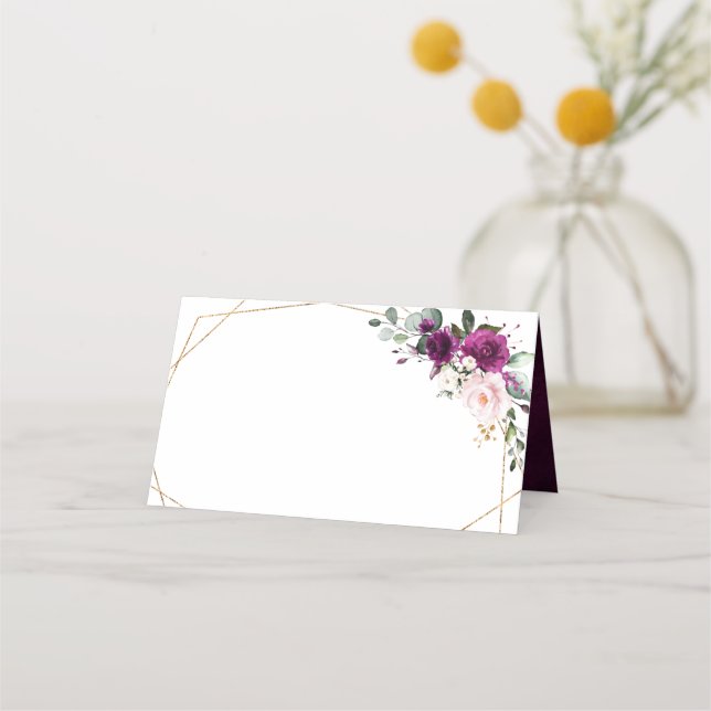 Lila Plum  Rosa ros Geometric Bröllop Placeringskort (Framsida)