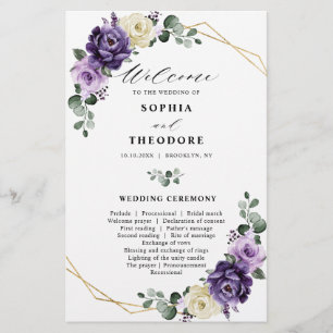 Lila Plum Silver Blommigt Blooms Bröllopsprogram