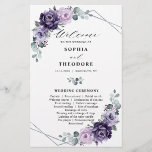 Lila Plum Silver Blommigt Blooms Bröllopsprogram