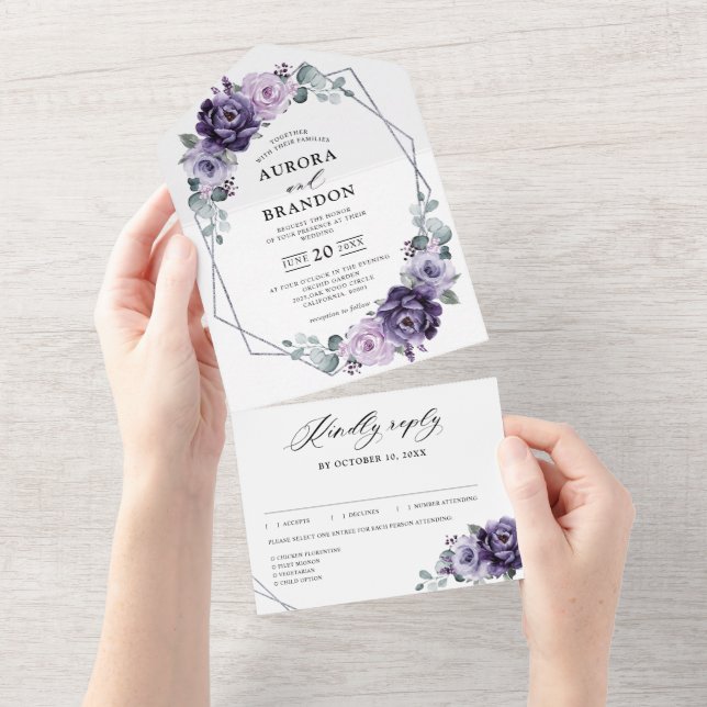 Lila Plum Silver Blommigt Blooms Geometric Bröllop (Tearaway)