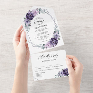 Lila Plum Silver Blommigt Blooms Geometric Bröllop