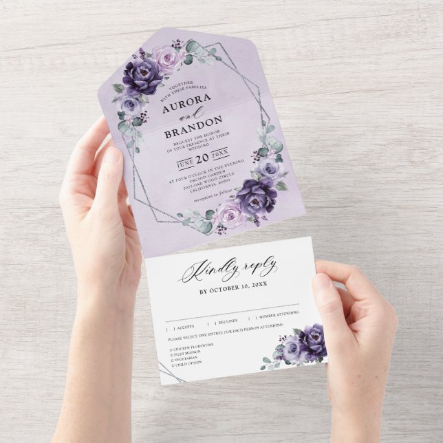 Lila Plum Silver Blommigt Blooms Geometric Bröllop (Avrivbar del)