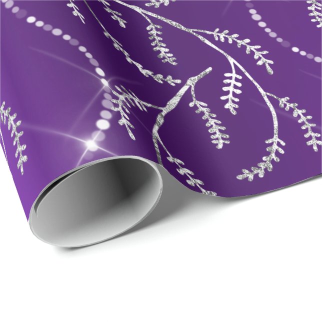 Lila Plum Sparkly Laurel Silver Diamonds Presentpapper (Rullad Hörn)