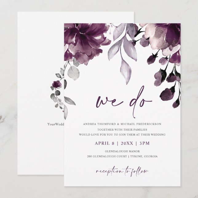 Lila Plum Watercolor Blommigt Garden Wedding Weddi Inbjudningar (Fram/baksida)