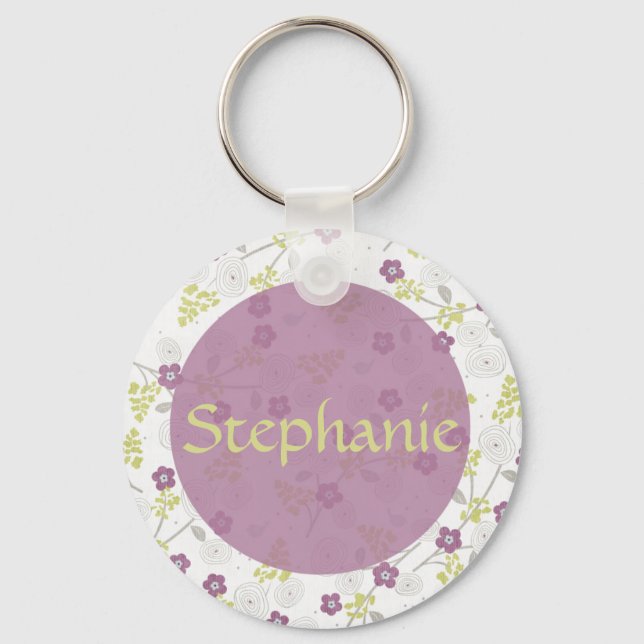 Lila Plumeria Anpassade Namn Button Keychain Nyckelring (Framsida)