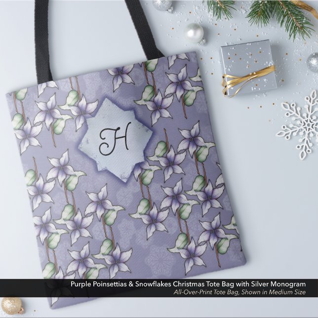 Lila Poinsettias & Snöflingor jul Monogram Tygkasse (Purple Poinsettias & Snowflakes Christmas Tote Bag  with Silver Monogram)