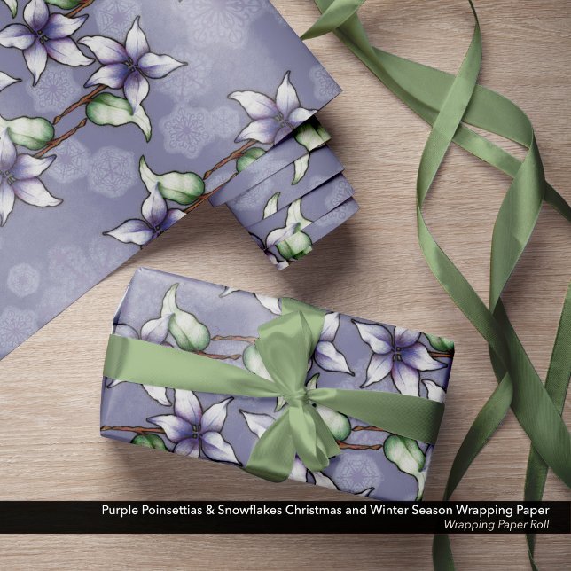 Lila Poinsettias & Snöflingor Julvinter Presentpapper (Purple Poinsettias & Snowflakes Christmas and Winter Season Wrapping Paper Roll)