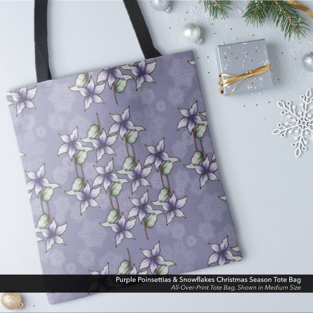 Lila Poinsettias & Snöflingor Julvinter Tygkasse (Purple Poinsettias & Snowflakes Tote Bag for Christmas and the Winter Season.)