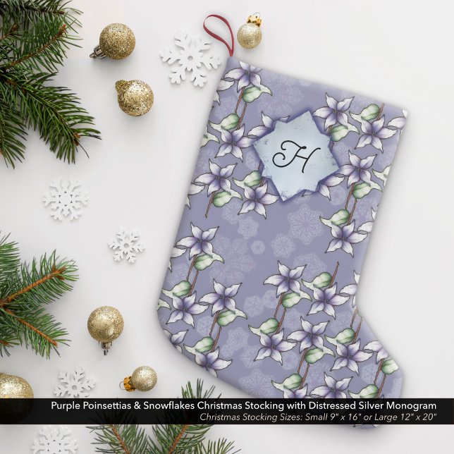 Lila Poinsettias & Snöflingor Silver Monogram Liten Julstrumpa (Purple Poinsettias & Snowflakes Christmas Stocking with Distressed Silver Monogram)