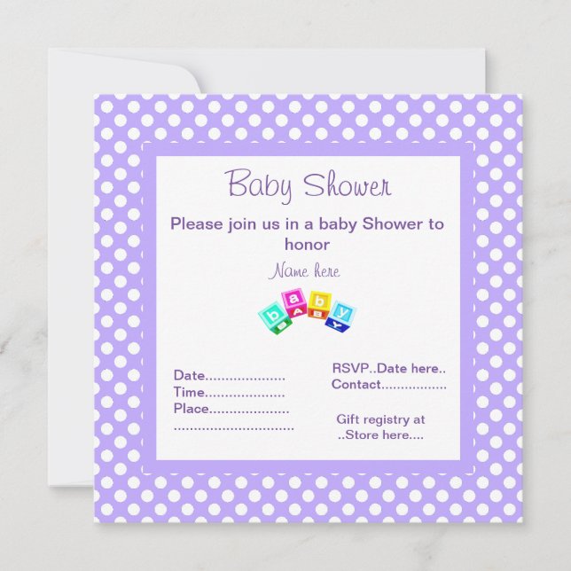 LILA POLKA DOT BABY SHOWER INVITATION BLOCKS INBJUDNINGAR (Framsida)
