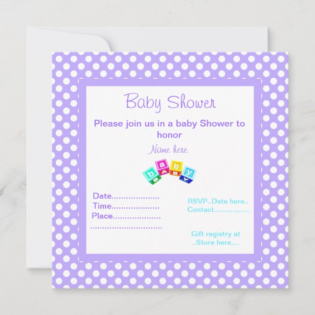 LILA POLKA DOT BABY SHOWER INVITATION BLOCKS INBJUDNINGAR (Framsida)