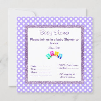 LILA POLKA DOT blockerar glitter BABY SHOWER Inbjudningar