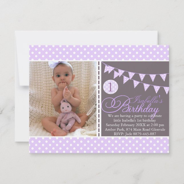 Lila Polka Dot Bunting First Birthday Inbjudan (Framsida)