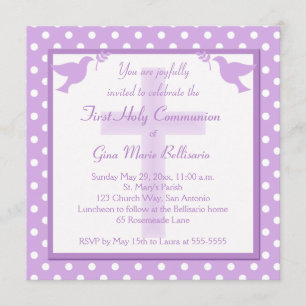Lila Polka Dot First Heliga Communion Call Inbjudningar