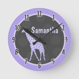 Lila Polka Dot Giraffe Jungle Personlig Clock Rund Klocka