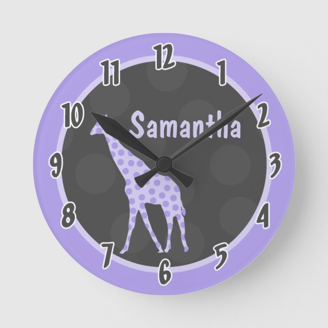 Lila Polka Dot Giraffe Jungle Personlig Clock Rund Klocka (Framsida)