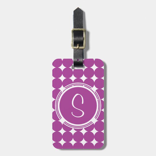 Lila Polka Dot Monogram Bagagebricka (Vertikal Framsida)