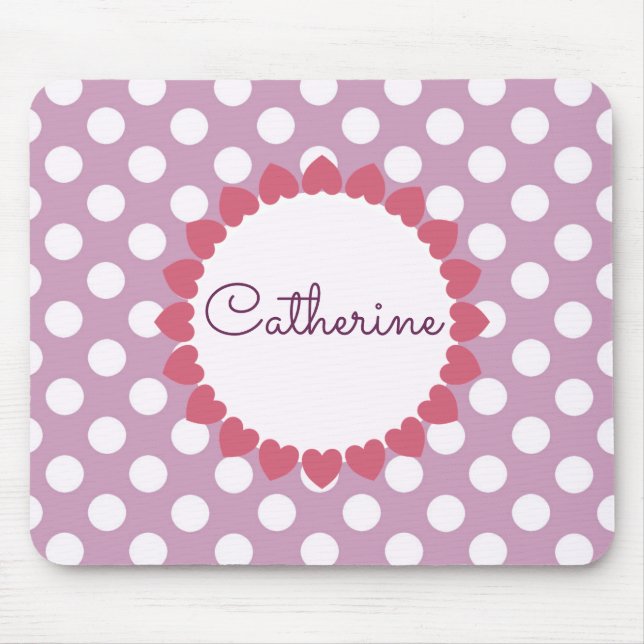 Lila Polka Dot Namn i Hearts Cute Musmatta (Framsidan)