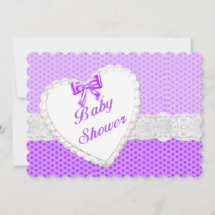 Lila Polka Dot Snöre Heart Baby Shower-inbjudan Inbjudningar