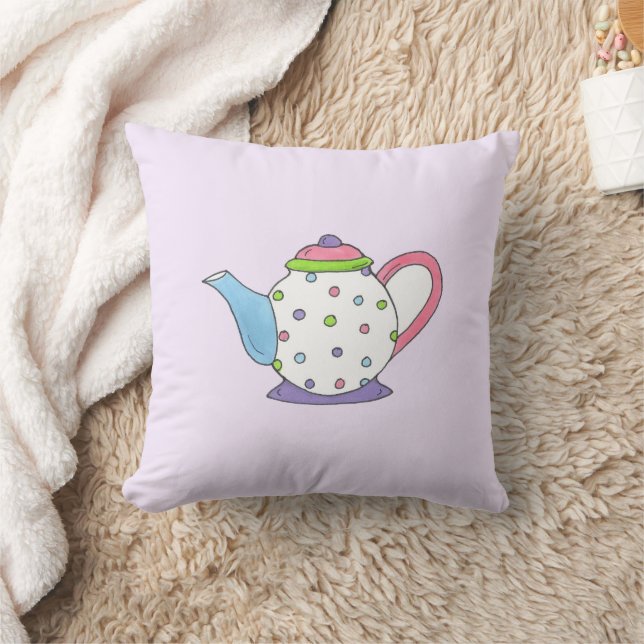Lila Polka Dot Tea Party Pot Tekanna Design Kudde (Filt)