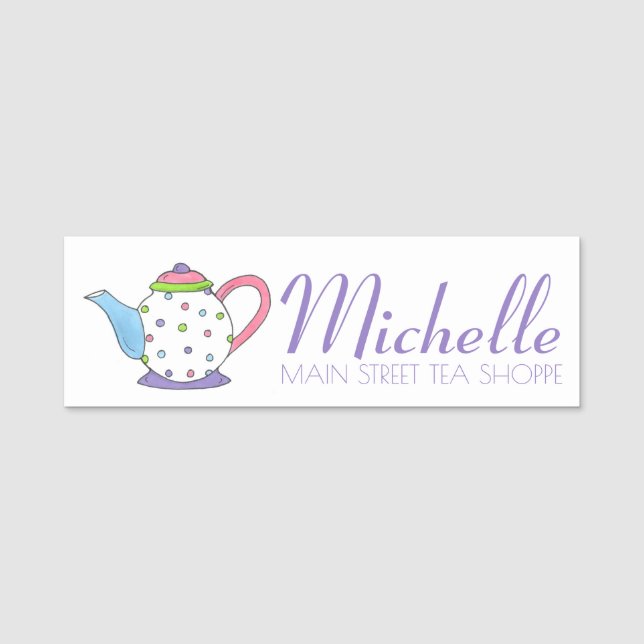 Lila Polka Dot Tekanna Ceramic Tea Pot Namnbricka (Framsida)