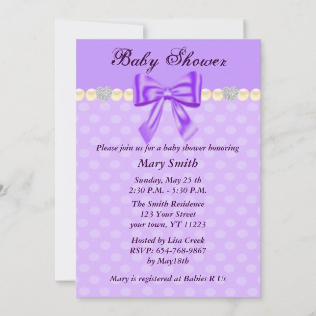 Lila Polka dots Bow Baby Shower-inbjudan Inbjudningar (Framsida)