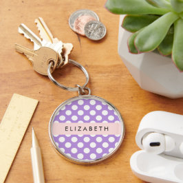 Lila Polka dots, Polka Dot Mönster, ditt namn Rund Silverfärgad Nyckelring
