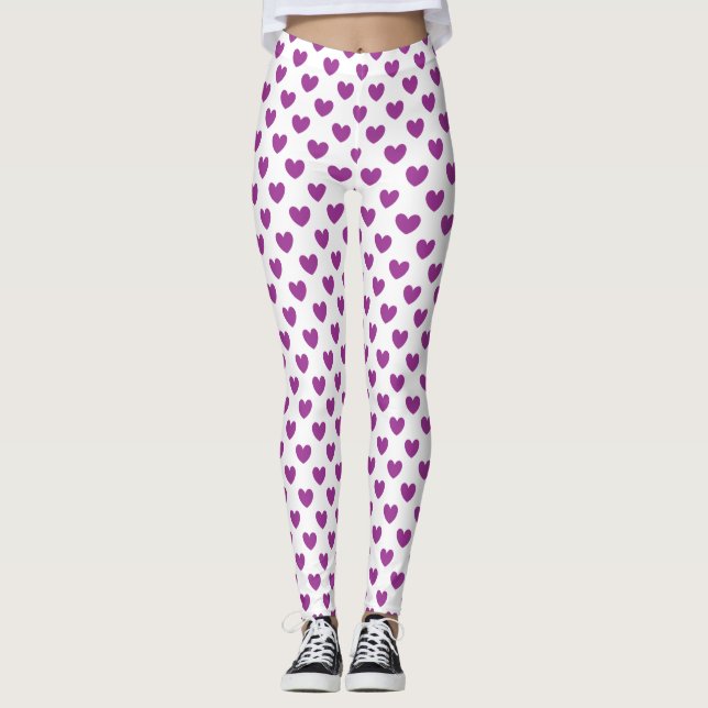 Lila polka-hjärtan på vitt leggings (Framsida)