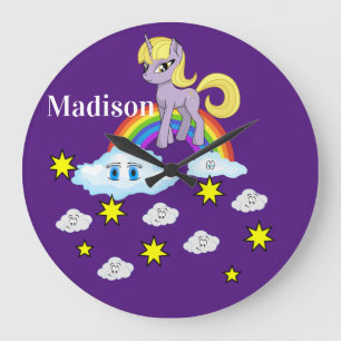 Lila Pony Rainbow Lycklig Clouds Stars Clock Stor Klocka