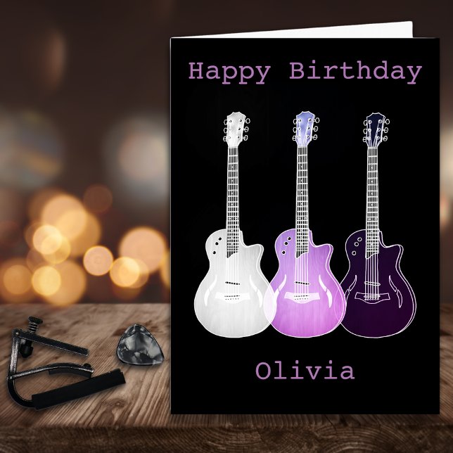 Lila Pop Art Music Guitar Add Namn Olivia Kort (Cool pop art guitar pink and black custom happy birthday greetings card)